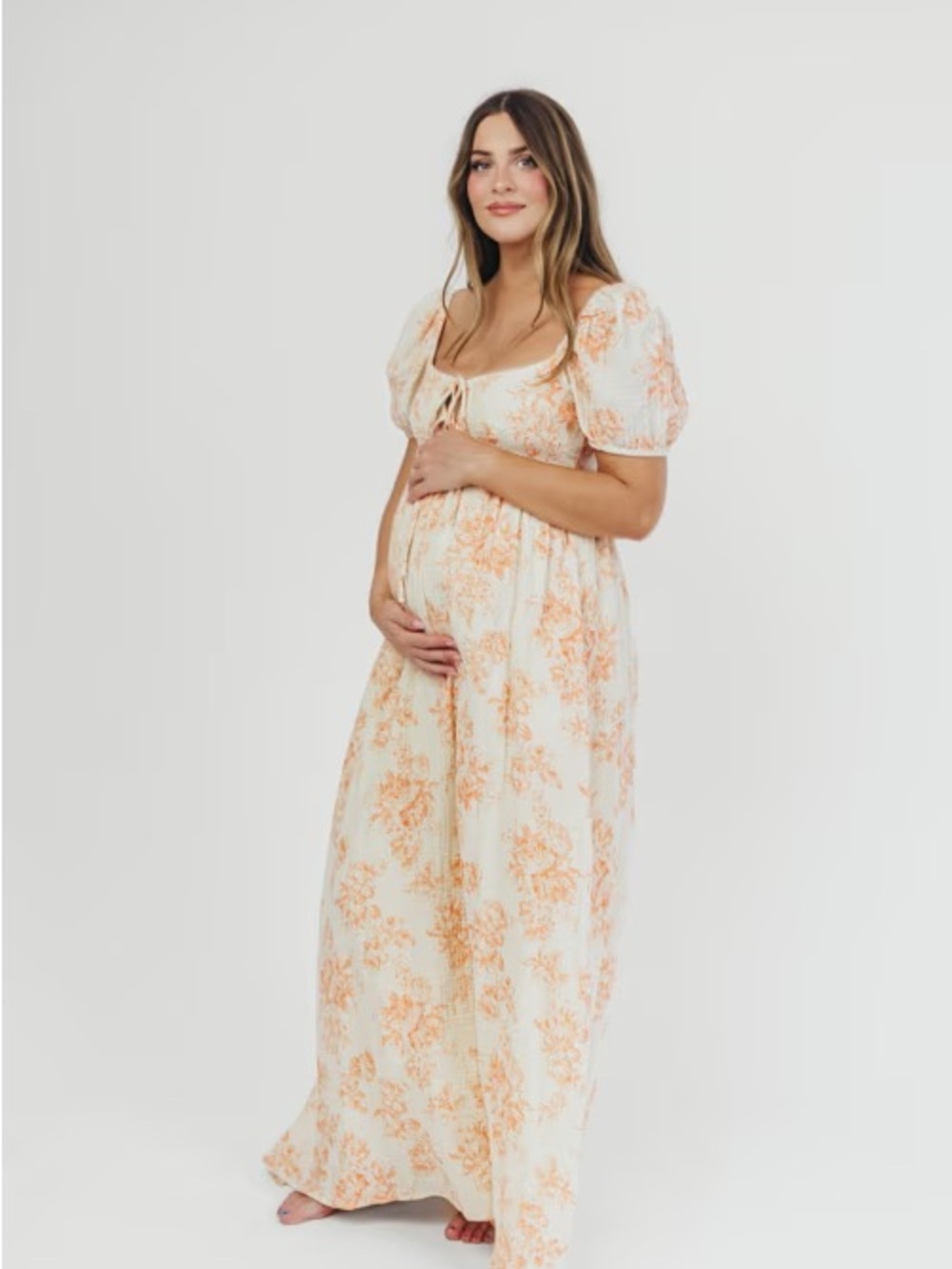 100% Cotton Light Peach Floral Maxi Dress with Tie-Front - Bump friendly - Picture 2 of 5